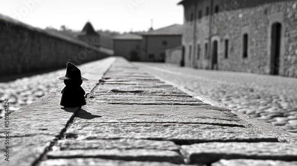Fototapeta Miniature wizard on cobblestone path, ancient buildings background; travel blog, fairytale illustration