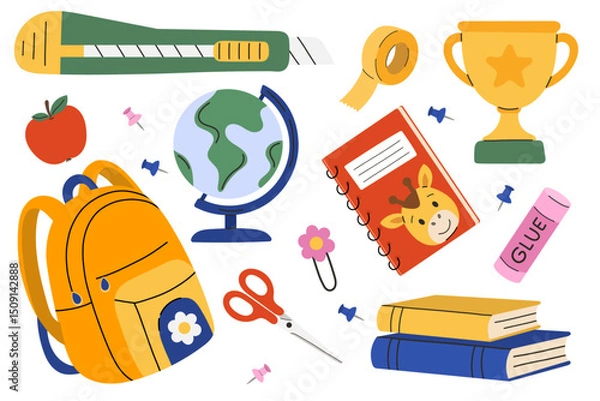 Obraz 
Back to school supplies vector set featuring colorful cartoon-style elements including a yellow backpack, globe, glue stick, utility knife, scissors, books, notebook with giraffe sticker, trophy cup.