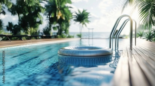 Fototapeta Inflatable circle by the pool on blue water for summer holidays