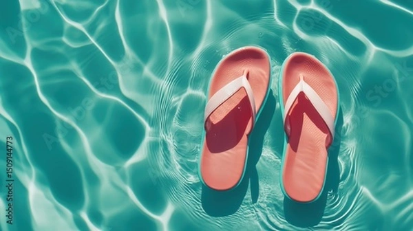 Fototapeta Pair of Flip-Flops Floating in Pool Water for Relaxed Summer Vibes