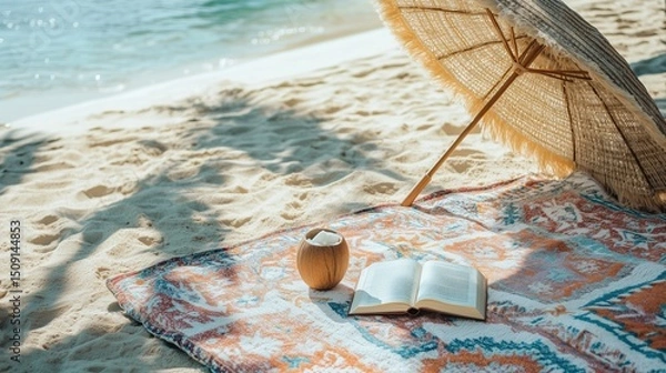 Fototapeta Beach Picnic Setup with Umbrella and Blanket for Seaside Relaxation, summer background