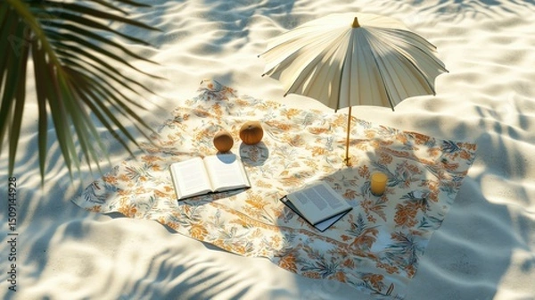 Fototapeta Beach Picnic Setup with Umbrella and Blanket for Seaside Relaxation, summer background