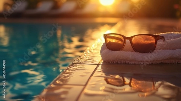 Fototapeta Sunglasses and towel by the pool for summer relaxation, summer background
