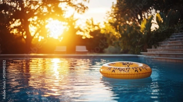 Fototapeta Pool Float in Tropical Sunset Poolside Setting for Summer Relaxation, summer background