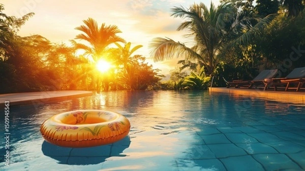 Fototapeta Pool Float in Tropical Sunset Poolside Setting for Summer Relaxation, summer background