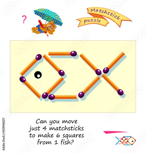 Fototapeta Logic puzzle game with matches for smartest. Can you move just 4 matchsticks to make 6 squares from 1 fish? Page for brain teaser book. Developing spatial thinking skills. Vector illustration.