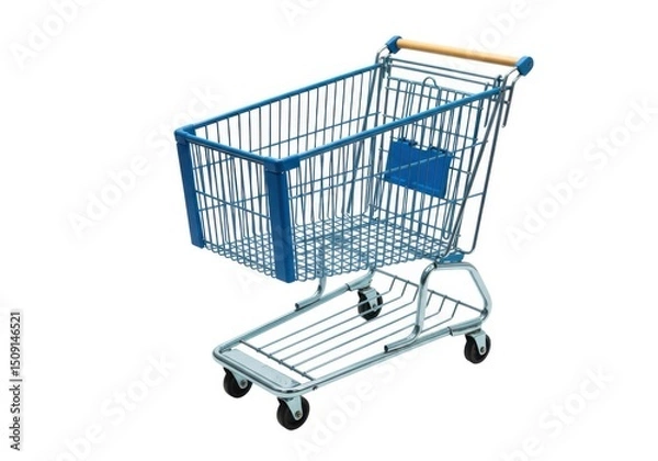Obraz Isolated blue metal shopping cart on white background for store use