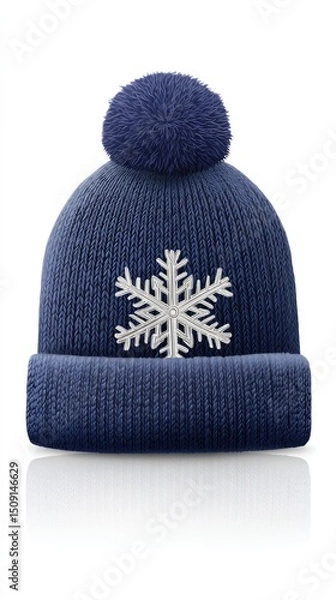 Fototapeta 3D vector icon of a navy blue beanie with a white snowflake embroidered on it