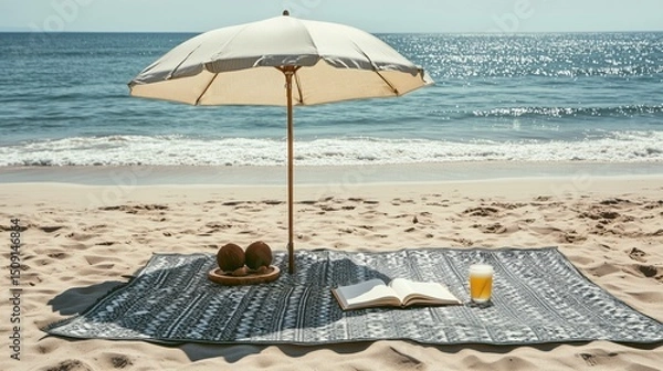 Fototapeta Beach Picnic Setup with Umbrella and Blanket for Seaside Relaxation, summer background