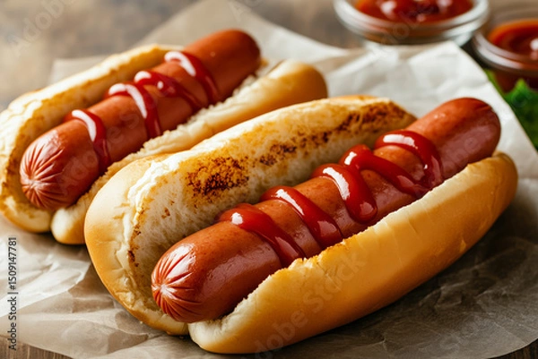 Fototapeta Close-up photo of two hot dogs with ketchup on the baking paper 