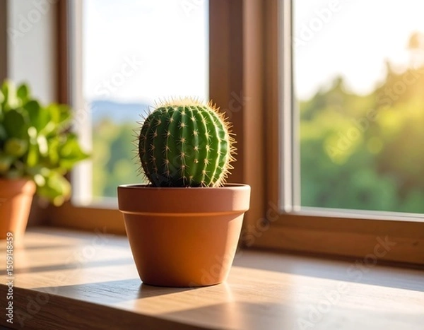 Obraz Sunlit cactus in terracotta pot on windowsill