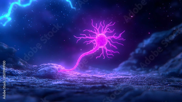 Obraz Glowing Pink Neuron in a Dark Cosmic Landscape