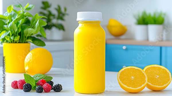 Obraz Bright Yellow Smoothie in Bottle with Lemons and Berries