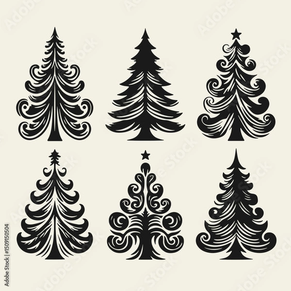Fototapeta Set of elegant vintage-style black and white Christmas trees. Hand-drawn with bold lines and high contrast in classic linocut technique, perfect for retro holiday designs and decorations.