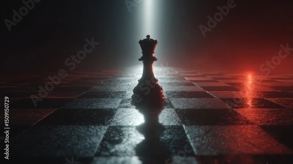 Fototapeta Queen chess piece on dramatic board with spotlight and moody lighting effect.