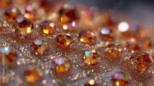 Fototapeta Sparkling orange gemstones on glittering fabric surface in macro shot close-up.
