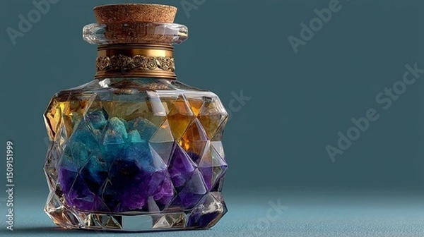 Fototapeta Crystal bottle filled with colorful minerals on blue background with cork top.