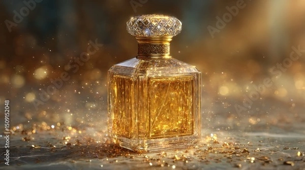 Fototapeta Luxurious golden perfume bottle sparkling on marble with bokeh lights around.