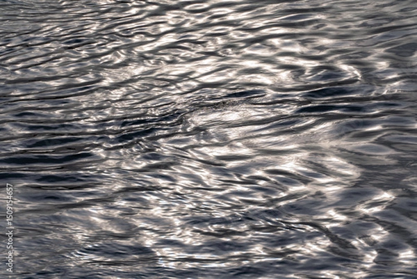 Fototapeta Full frame of dark wavy water, lead-colored water surface with ripples and surface texture reflection, shimmering water, natural texture, abstract water surface.