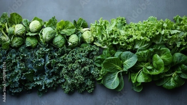 Fototapeta Verdant vegetable varieties lined precisely, creating striking color contrast against deep background, highlighting nutritional diversity and farm-fresh quality