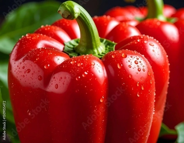 Obraz Close-up of two vibrant red bell peppers, glistening with water droplets, set against a dark background