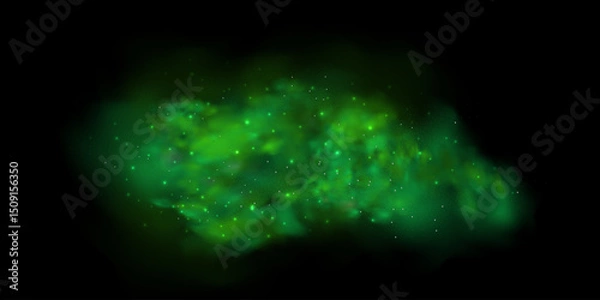 Fototapeta Realistic texture of mystical smoke in the background, with green fog swirling and sparkling with glowing particles, as starry neon magic dust shimmers throughout.