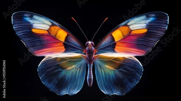 Fototapeta Gently fluttering colorful butterfly with translucent wings in a serene nature setting captured from a close-up perspective