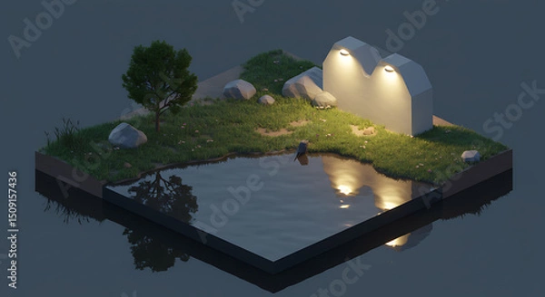 Fototapeta Serene Low Poly Island Scene Nighttime Lake Grass Tree and Illuminated Wall