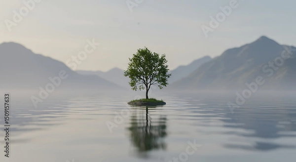 Fototapeta Serene Single Tree on Calm Lake Island Misty Mountains Background