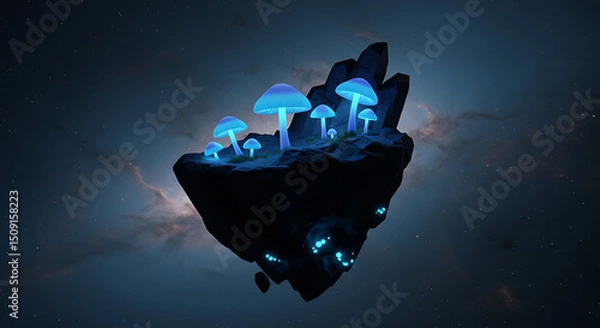 Fototapeta Ethereal Glowing Mushrooms on Floating Rock in Space Fantasy Sci Fi Surreal Art