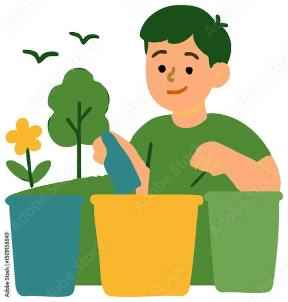 Fototapeta Minimal vector illustration  sticker of a boy sorting waste into colorful bins outdoors, encouraging recycling habits on World Environment Day.
