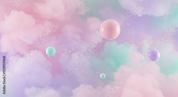 Fototapeta Pastel Dream Abstract 3D Render of Floating Spheres in a Soft Colorful Cloud Background