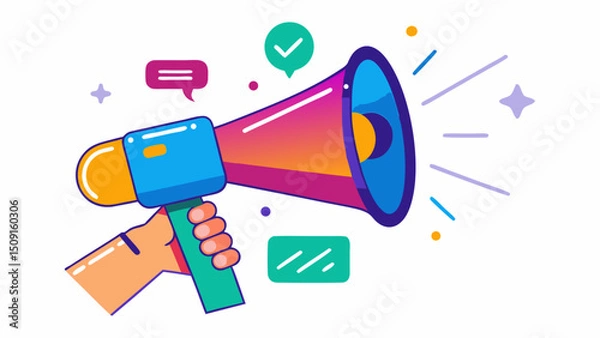 Fototapeta Hand holding megaphone with checkmark and speech bubble on white background