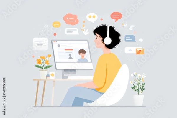 Fototapeta Female adult caucasian working remotely: focused on computer with headphones