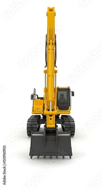 Fototapeta Yellow excavator, front view, isolated on white