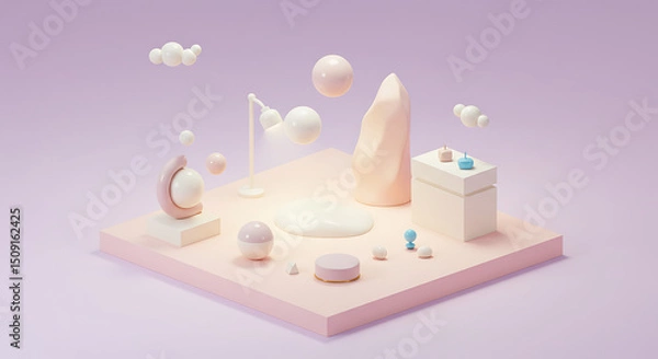 Fototapeta Pastel 3D Render Abstract Geometric Shapes Floating Spheres Minimalist Scene Pink White