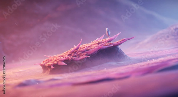 Fototapeta Surreal Digital Art Miniature Figure on a Biomorphic Rock Formation in a Pink Landscape
