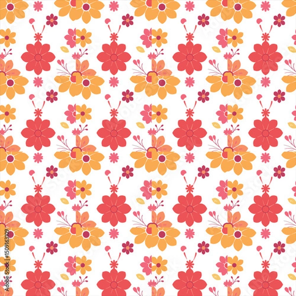 Fototapeta Spring leaves and camomile flowers, abstract geometric seamless pattern on a blue background, vector. For printing on fabrics, clothing, cosmetic packaging, booklets. wallpapers for social media