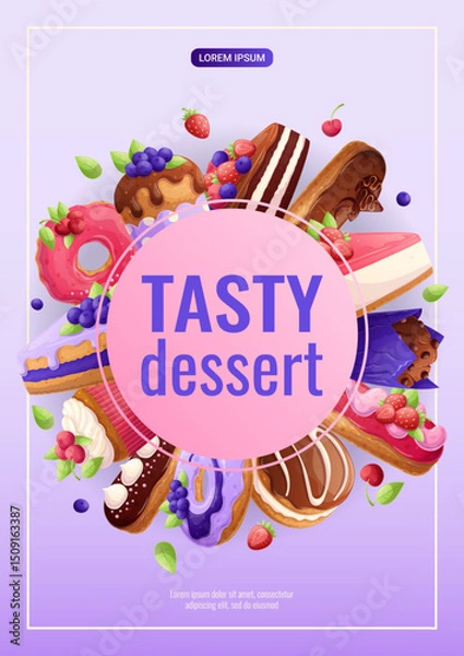 Obraz A bright design template for a delicious dessert flyer. Various types of delicate pastries. The concept of confectionery, cooking, sweets. A4 vector illustration for posters, banners