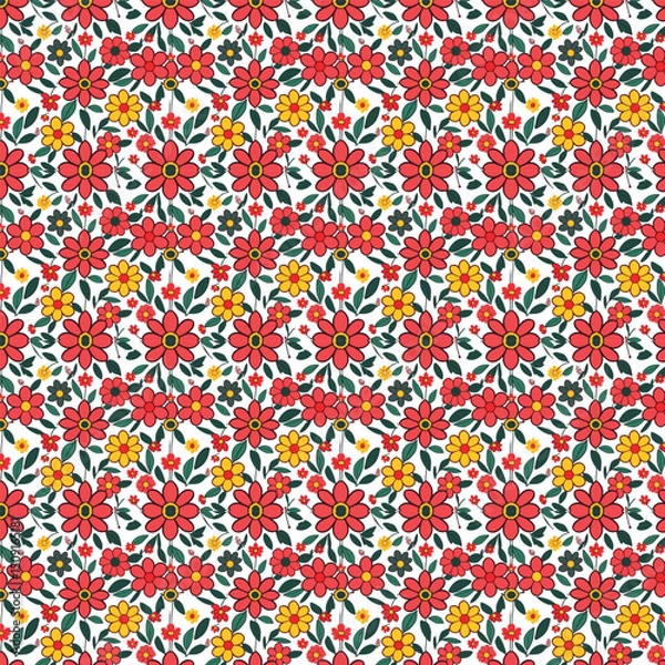 Fototapeta Spring leaves and camomile flowers, abstract geometric seamless pattern on a blue background, vector. For printing on fabrics, clothing, cosmetic packaging, booklets. wallpapers for social media