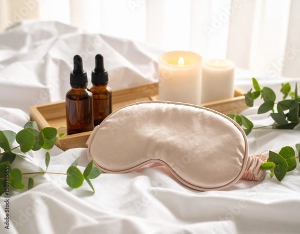 Obraz Sleep mask and essential oil kit mockup placed on soft fabric in a gentle morning