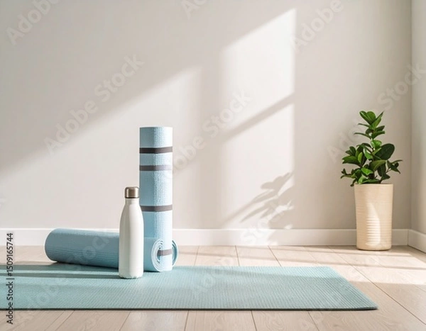 Obraz Yoga mat and water bottle mockup staged in a minimalist studio with soft floor light