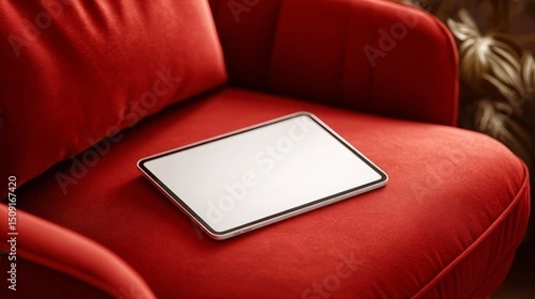 Fototapeta Digital tablet with blank screen resting on red velvet armchair cushion in soft light.