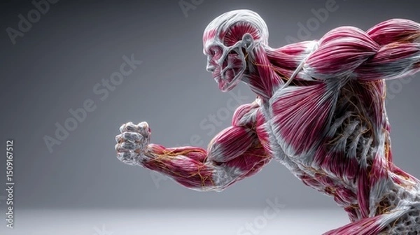 Fototapeta Detailed human muscular system in motion showing anatomical structure and fibers.