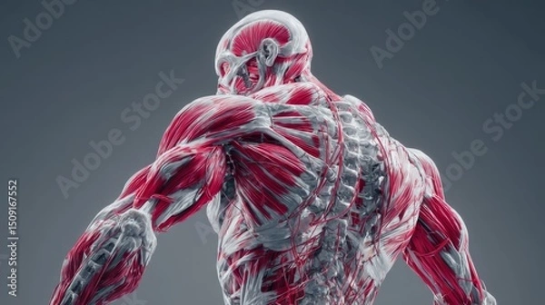 Fototapeta Human muscular system anatomy from back view with detailed muscle structure.