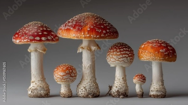 Fototapeta Group of red fly agaric mushrooms arranged by size on neutral background.