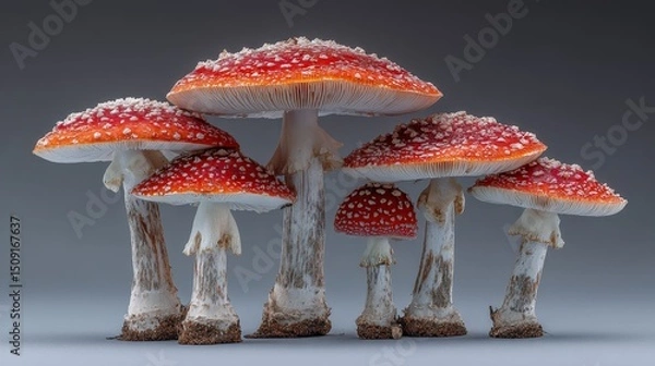 Fototapeta Cluster of red Amanita mushrooms with white spots on neutral background.