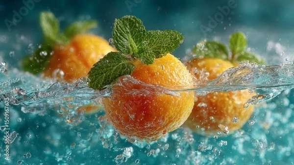 Fototapeta Fresh oranges with mint splashing in water on vibrant blue background.