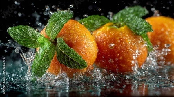 Fototapeta Fresh oranges with mint leaves splashing in water on black background.