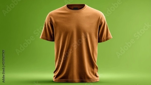 Fototapeta Plain brown t-shirt displayed on green background with soft lighting style.